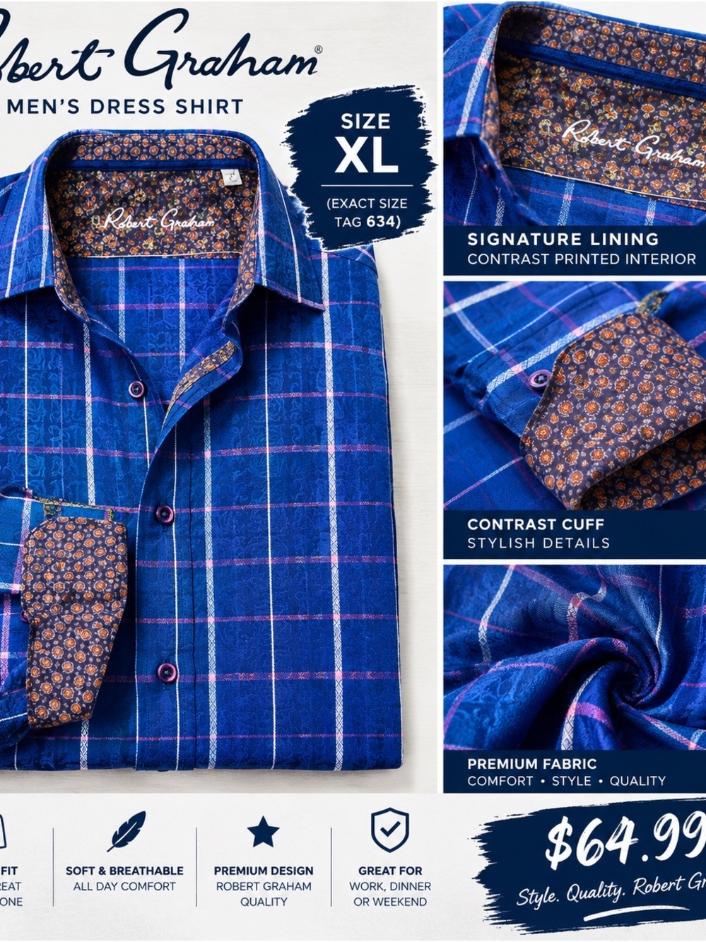 Robert Graham Blue Plaid Dress Shirt with Purple Accents and Printed Lining